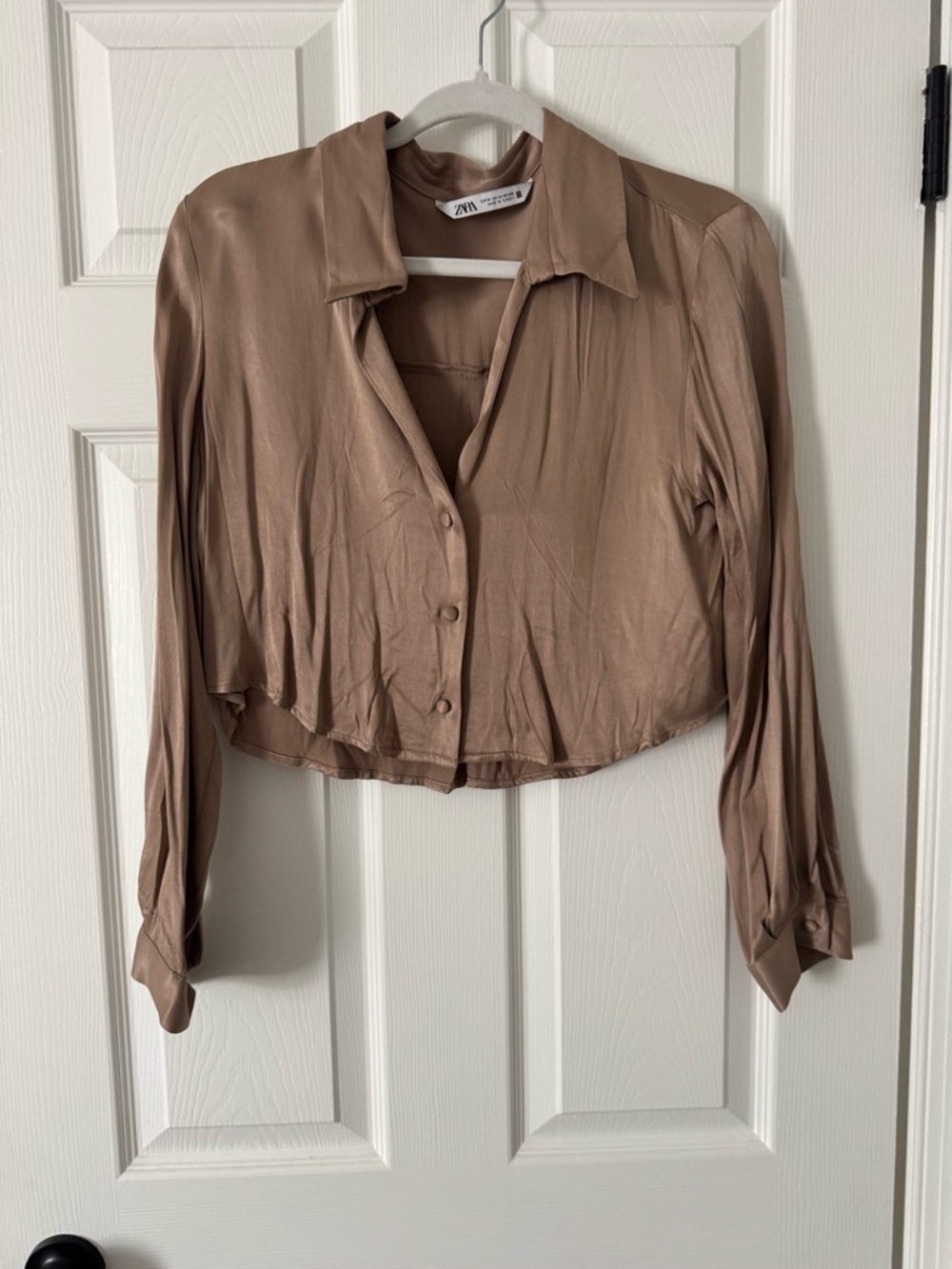 Zara Cropped Button-Down Shirt in Taupe